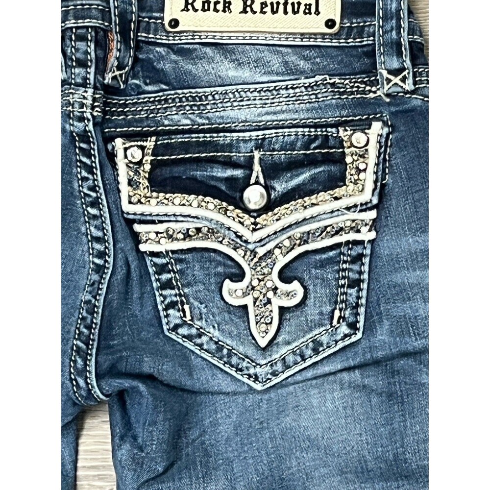 Rock Revival Jeans Low Rise Straight Y2k Flap Pockets Rhinestone Sequin Fade 26